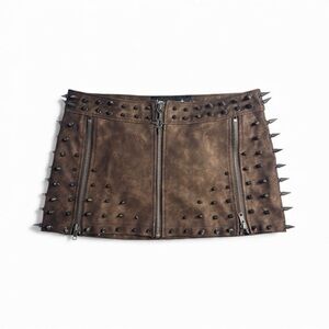 Punk Skirt Darker Waves Warp Spiked Mini Skirt Brown Zip Detail | Sold Out